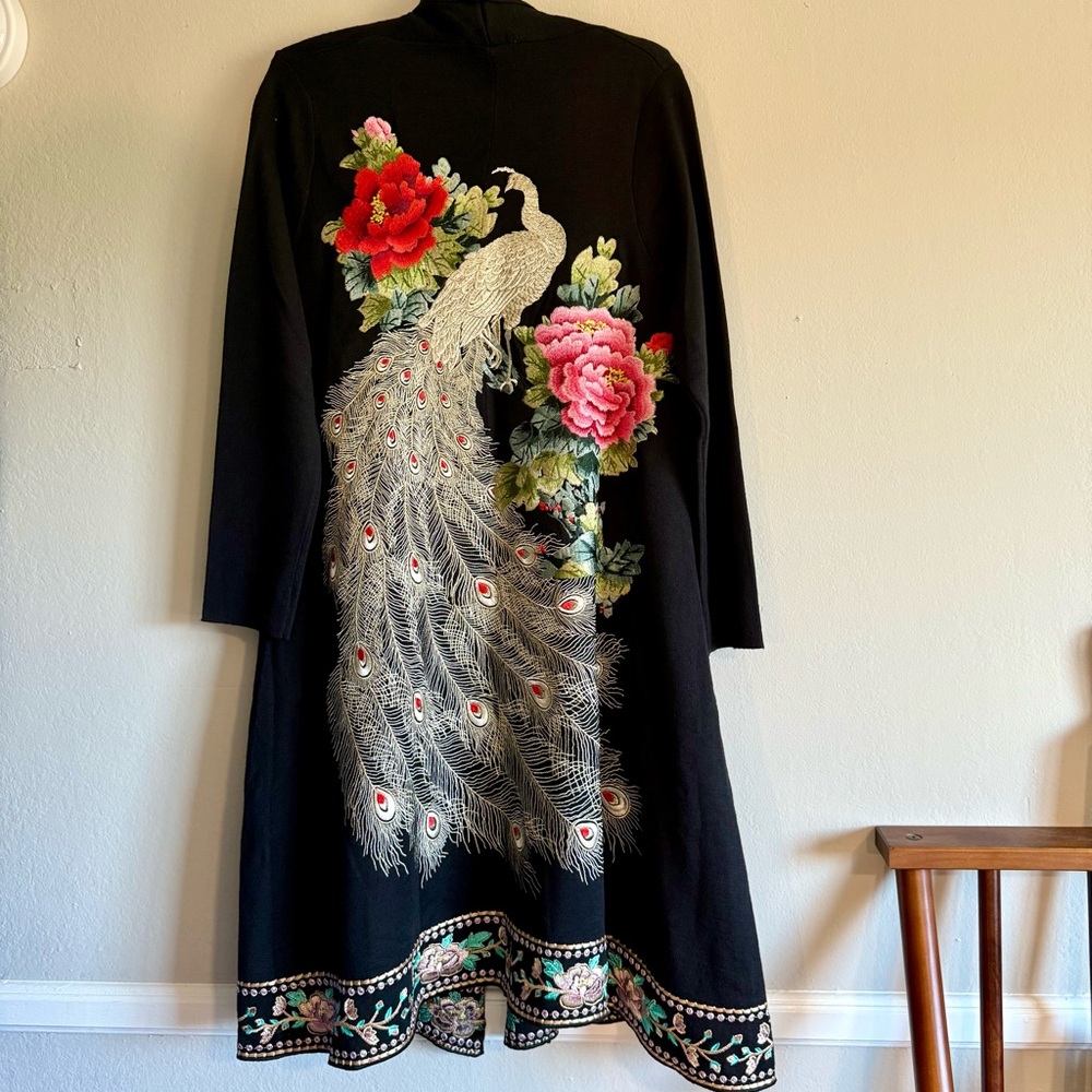 Anis.A Black Long Sleeve Wool Blend Cardigan with Floral and Peacock Embroidery